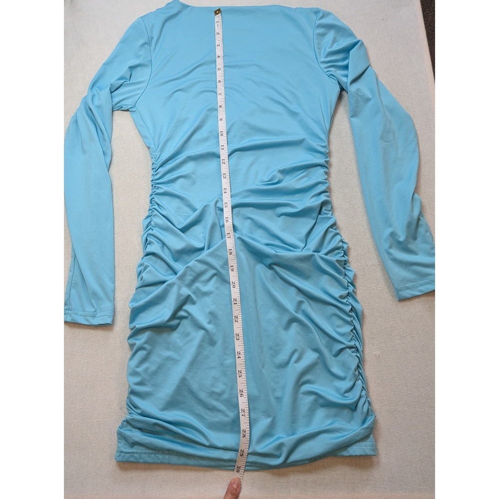 Light Blue Long Sleeve Ruched Bodycon Dress V-Neck Mini Dress - Picture 7 of 9